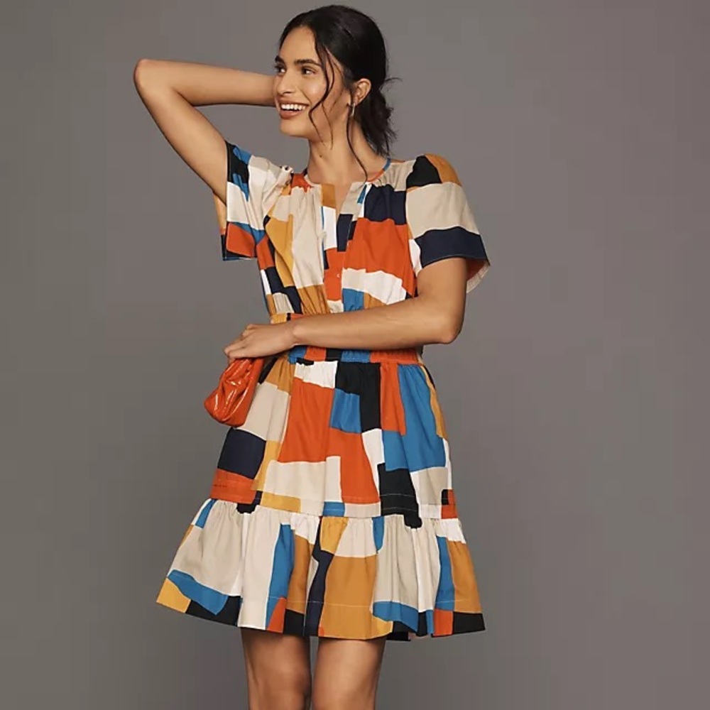 Anthropologie Somerset Mini Color Block Abstract Colorful Red Blue White Dress